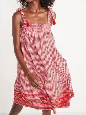 Old Navy red and white gingham embroidered hem tie strap dress